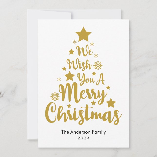 Merry Christmas Tree Shape In Gold Christmas Card (Front)