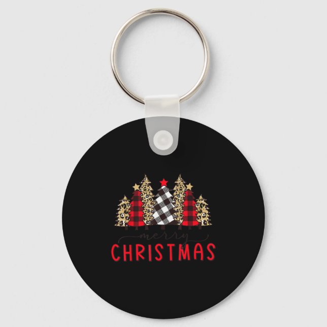 Merry Christmas Tree Shirts Funny Leopard Plaid Pr Key Ring (Front)