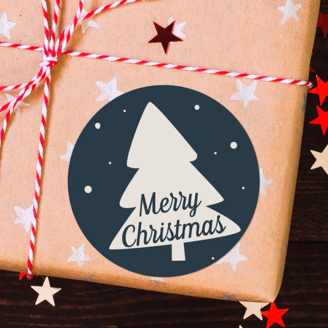 Merry Christmas tree silhouette classic blue Round Sticker (Creator Uploaded)