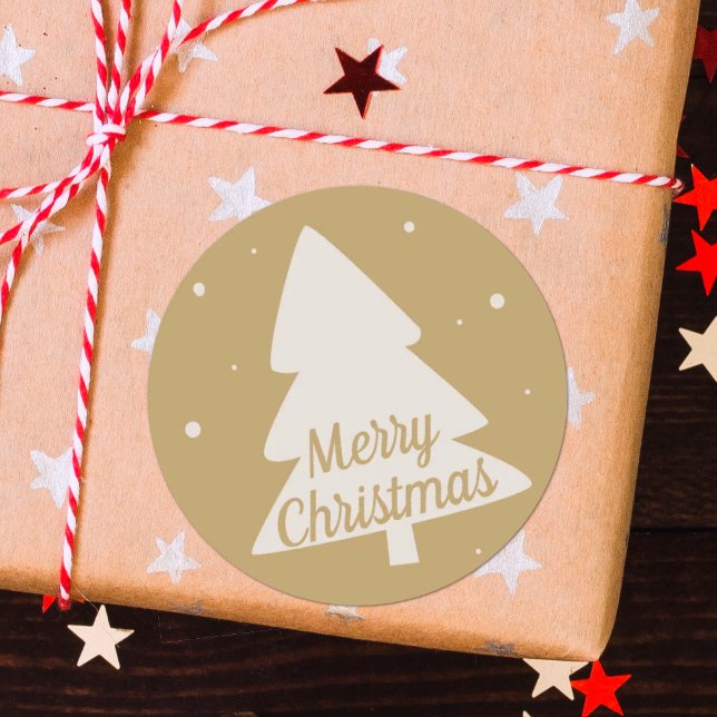 Merry Christmas tree silhouette white & gold Classic Round Sticker (Creator Uploaded)