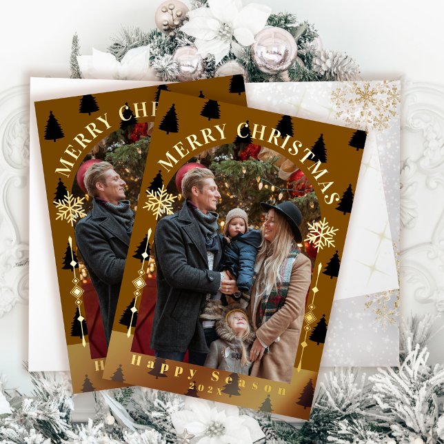 Merry Christmas Tree Snow Flakes Brown Photo Foil Greeting Card (Merry Christmas Tree Snow Flakes Brown Photo Foil Greeting Card)