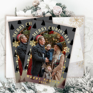 Merry Christmas Tree Snow Flakes Grey Photo Foil Greeting Card