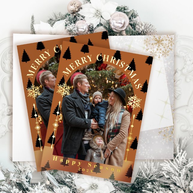Merry Christmas Tree Snow Flakes Light Brown Photo Foil Greeting Card (Merry Christmas Tree Snow Flakes Light Brown Photo Foil Greeting Card)