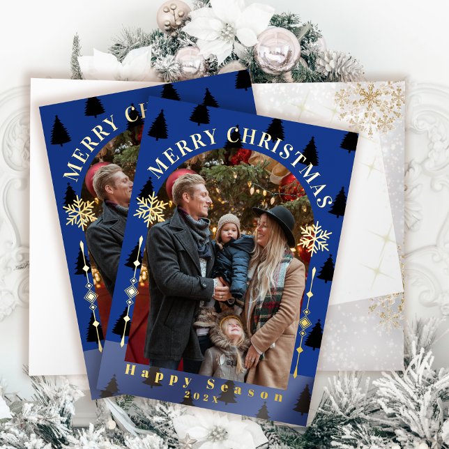 Merry Christmas Tree Snow Flakes Marine Blue Photo Foil Greeting Card (Merry Christmas Tree Snow Flakes Marine Blue Photo Foil Greeting Card)