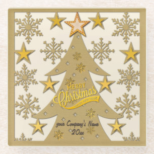 Merry Christmas Tree, Snowflake & Star Silhouettes Glass Coaster