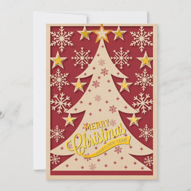 Merry Christmas Tree, Snowflake & Star Silhouettes Holiday Card (Front)