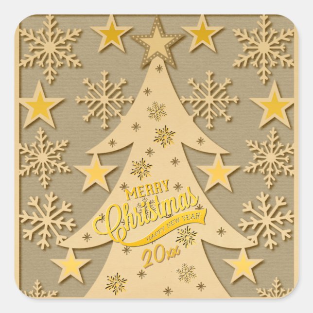 Merry Christmas Tree, Snowflake & Star Silhouettes Square Sticker (Front)