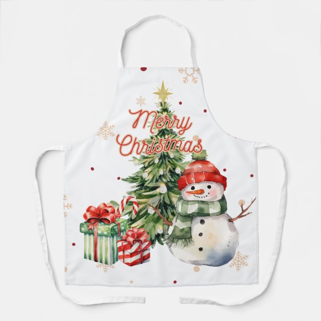 Merry Christmas Tree Snowman and Presents Apron (Front)