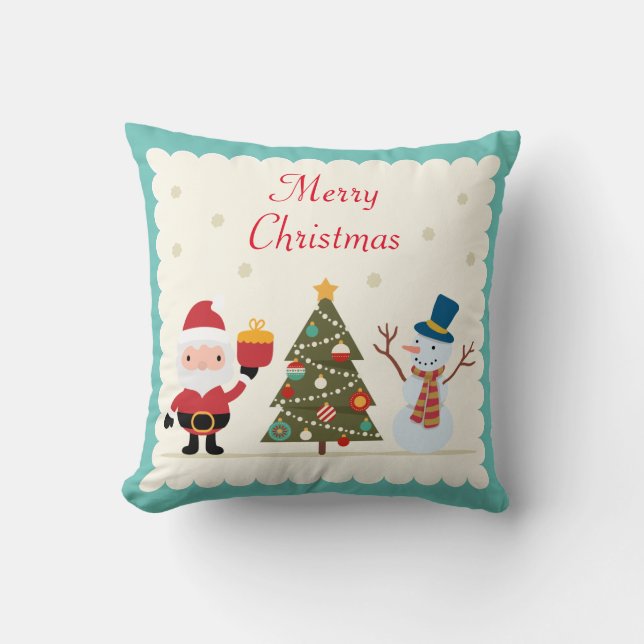 Merry Christmas Tree Snowman Santa Claus Cushion (Front)
