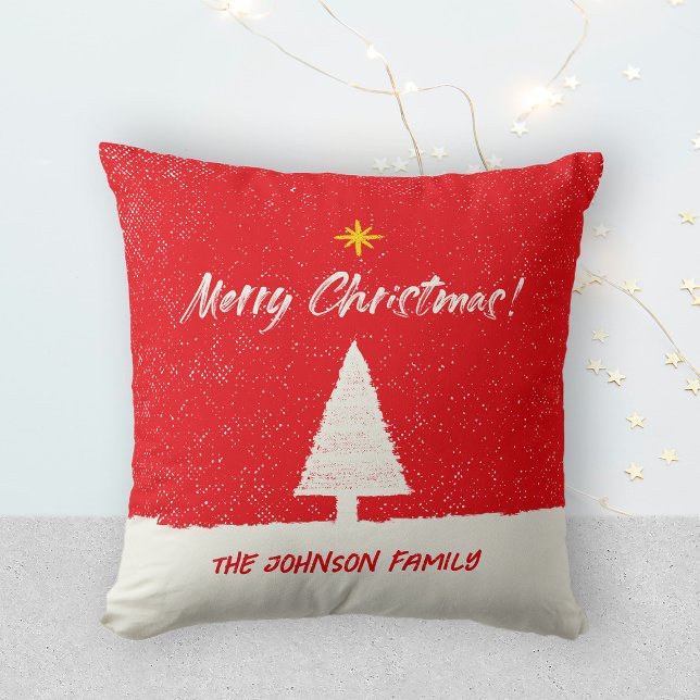 Merry Christmas Tree Star Red White Brush Script Cushion (Merry Christmas Tree Star Red White Brush Script Throw Pillow ©Susanne Sachers - Sunny Mind Design)
