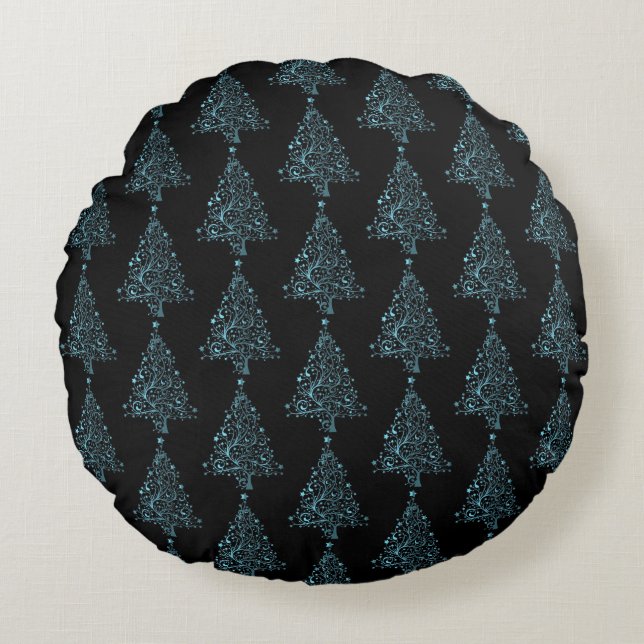 Merry Christmas Tree Stars Black Blue Chic Pattern Round Cushion (Front)