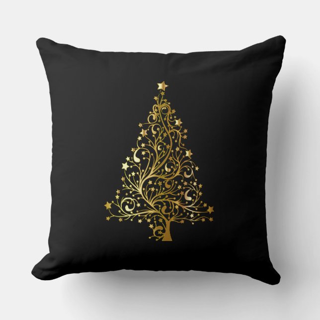 Merry Christmas Tree Stars Black Gold Shiny Chic Cushion (Front)