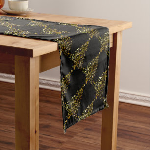 Merry Christmas Tree Stars Black Gold Shiny Chic Long Table Runner