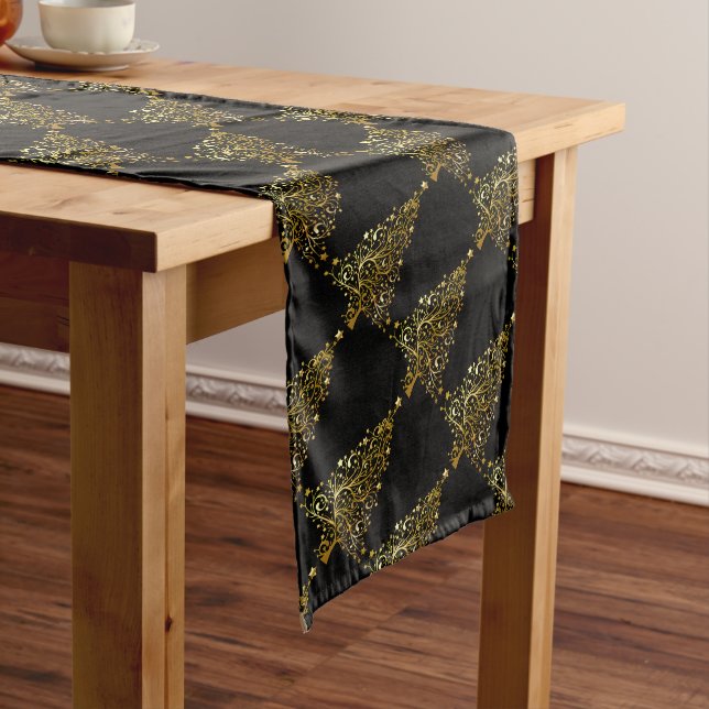 Merry Christmas Tree Stars Black Gold Shiny Chic Long Table Runner (In Situ)
