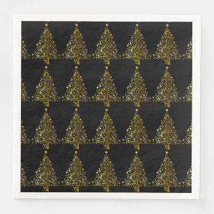 Merry Christmas Tree Stars Black Gold Shiny Chic Napkin