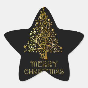 Merry Christmas Tree Stars Black Gold Shiny Chic Star Sticker