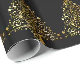 Merry Christmas Tree Stars Black Gold Shiny Chic Wrapping Paper