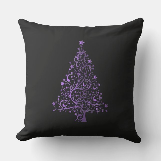 Merry Christmas Tree Stars Black Metallic Purple Cushion (Front)