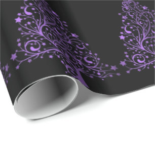 Merry Christmas Tree Stars Black Metallic Purple Wrapping Paper