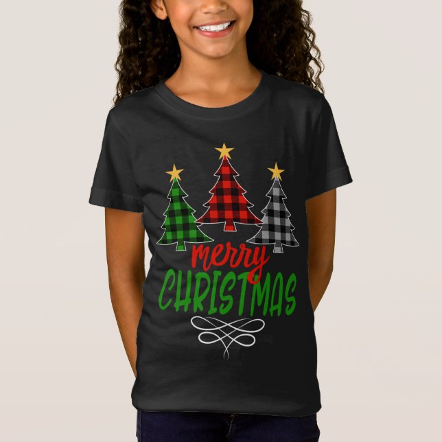 Merry Christmas Tree Three Buffalo Plaid T-Shirt (Front)