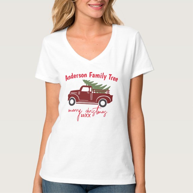Merry Christmas Tree Truck Family Christmas Tree T-Shirt (Front)