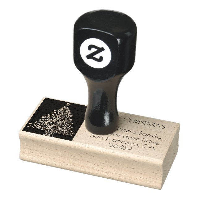 Merry Christmas Tree Typography Black and White Rubber Stamp (Stamp)