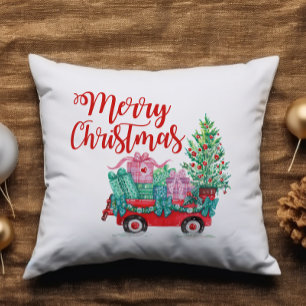 Merry Christmas Tree Wagon Gifts Cute Fun Cushion
