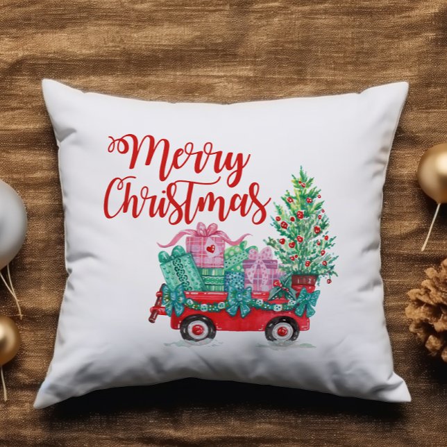 Merry Christmas Tree Wagon Gifts Cute Fun Cushion (Creator Uploaded)