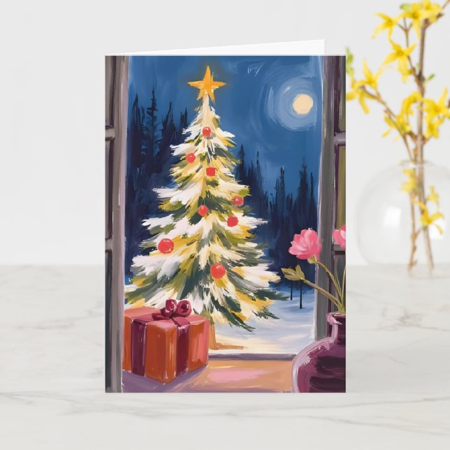 Merry Christmas Tree Watercolor Card (Yellow Flower)