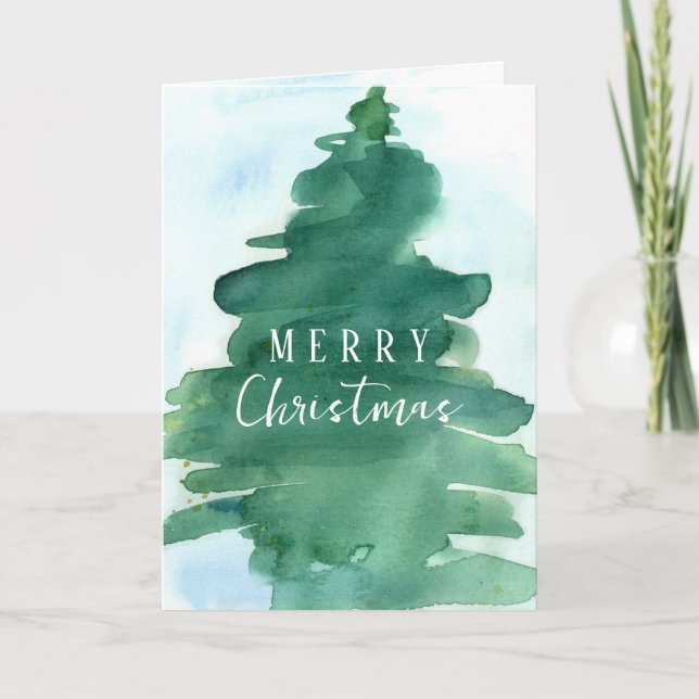Merry Christmas Tree Winter Snow Watercolor Card (Front)