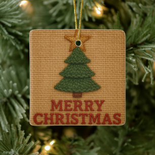 Merry Christmas tree with a knitted feel Ceramic Ornament