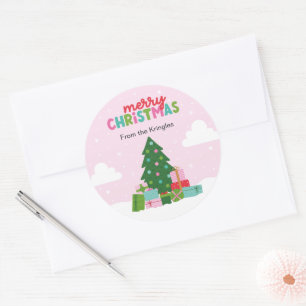 Merry Christmas Tree with Gifts in Pastel Pink Classic Round Sticker