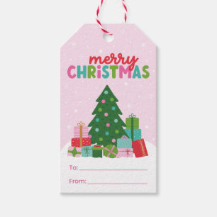 Merry Christmas Tree with Gifts in Pink To/From Gift Tags