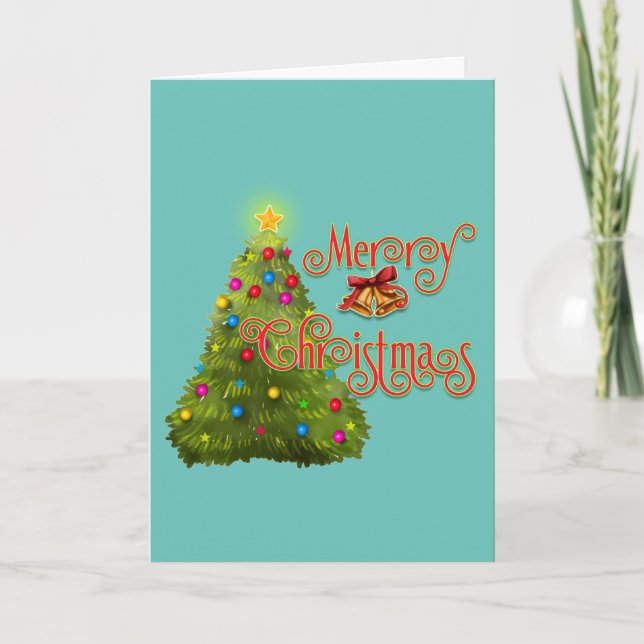 Merry Christmas Tree with Hanging Bells Custom Holiday Card (Front)