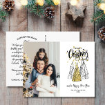 Merry Christmas Tree with Photo Festive Gold Black Postcard<br><div class="desc">Spread holiday cheer with this festive postcard featuring geometric Christmas Trees and typography art that reads "Merry Christmas" set next to your photo. The backside features your custom greetings, name and note (or delete to leave space for a handwritten note). Add your return address to the back too. Festive and...</div>