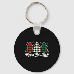 Merry Christmas Tree Xmas Buffalo Plaid Red White  Key Ring