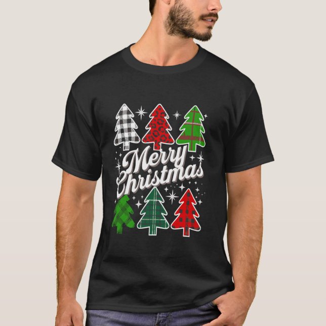 Merry Christmas Tree Xmas Buffalo Plaid Red White  T-Shirt (Front)