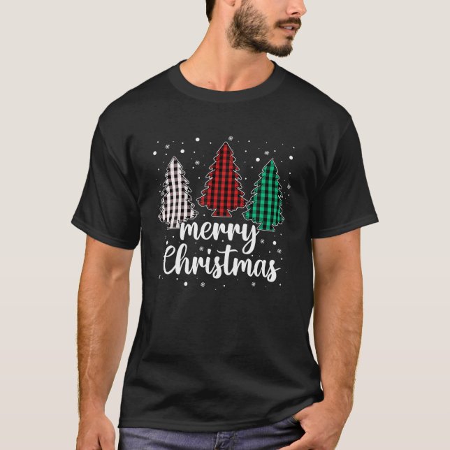 Merry Christmas Tree Xmas Buffalo Plaid Red White  T-Shirt (Front)