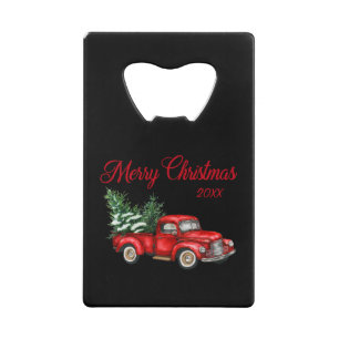 Merry Christmas Tree Year Vintage Red Truck Black