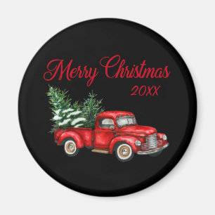 Merry Christmas Tree Year Vintage Red Truck Black Magnet