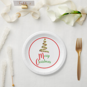 Merry Christmas TreeRed, Green, Gold Art Holiday Paper Plate
