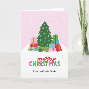 Merry Christmas Trees and Gifts in Pink Holiday Card