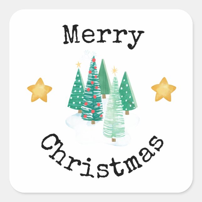 Merry Christmas Trees and Stars Square Sticker (Front)
