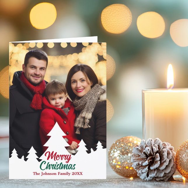 Merry Christmas Trees Border Family Photo Folded Holiday Card (Creator Uploaded)