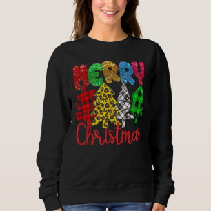 Merry Christmas Trees Buffalo Plaid Glitter Leopar Sweatshirt