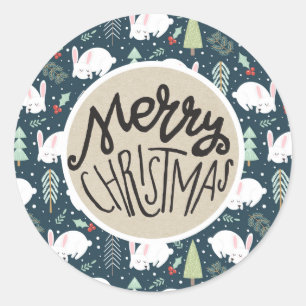 Merry Christmas Trees & Bunny Rustic Holiday Favou Classic Round Sticker