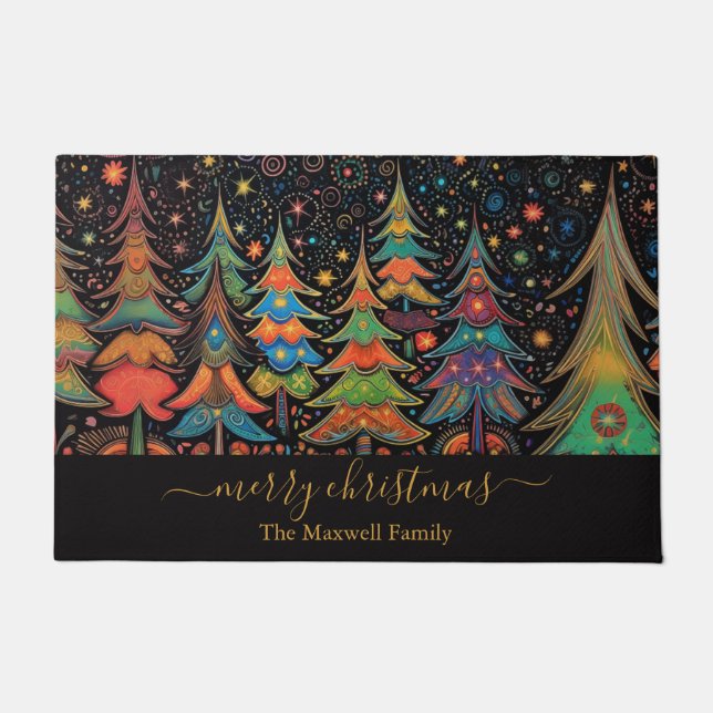 Merry Christmas Trees colourful family name Doormat (Front)
