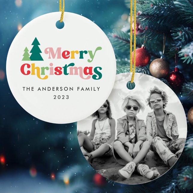 Merry Christmas trees colourful retro font Ceramic Tree Decoration (Merry Christmas trees colorful retro font Ceramic Ornament)