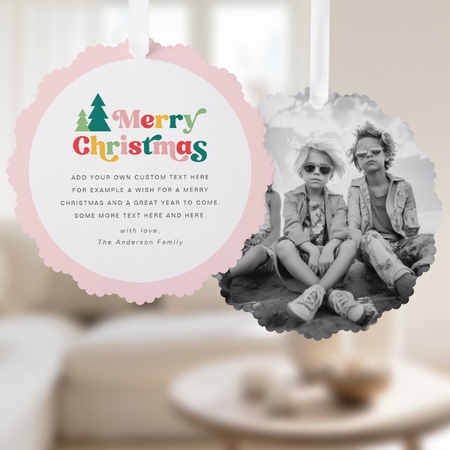Merry Christmas trees colourful retro photo Tree Decoration Card (Merry Christmas trees colorful retro photo Ornament Card)