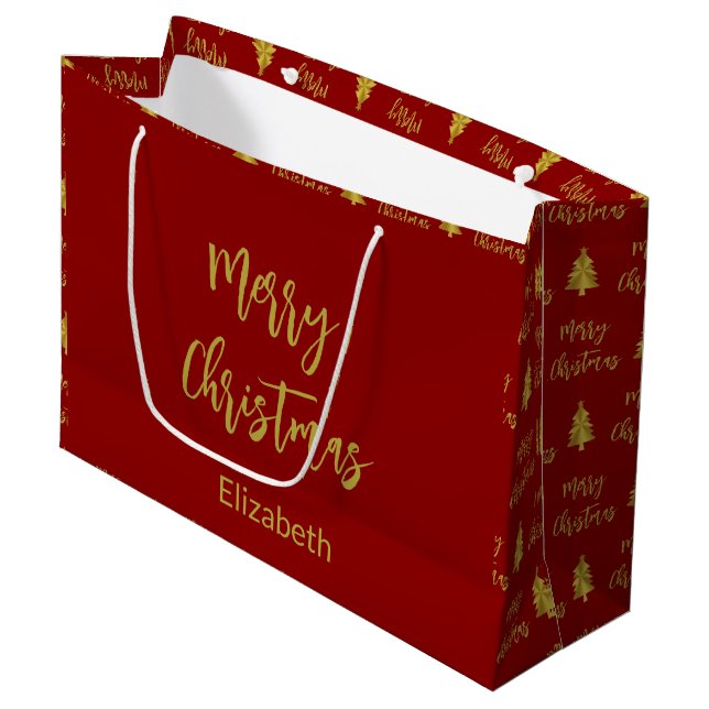 Merry Christmas Trees Deep Red and Gold Name Text Large Gift Bag (Front Angled)